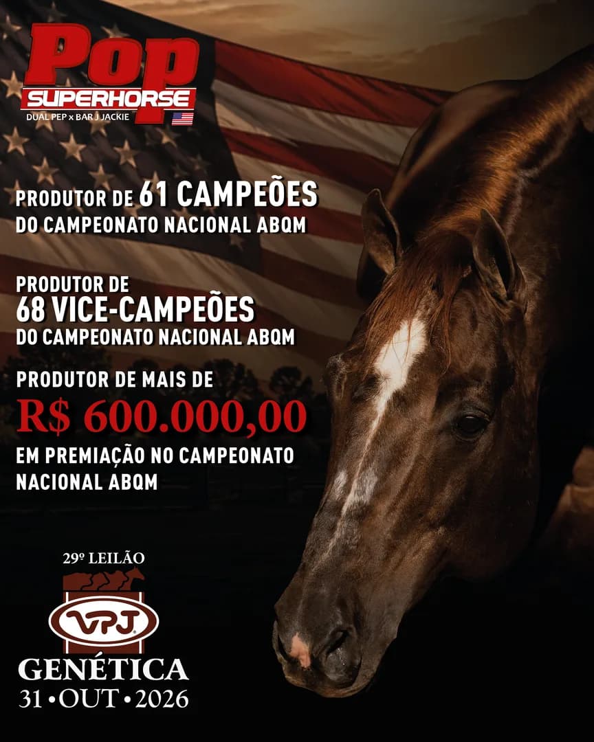 🏆 Em 2017 o primeiro filho do POP SUPER HORSE ganhou um Campeonato Nacional ABQM. De lá para cá, nesses 10 anos de edições da competição, POP SUPER HORSE produziu 61 Campeões, 68 V