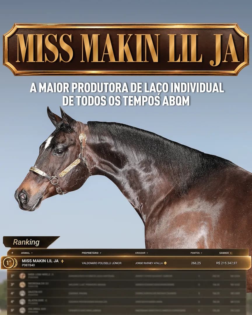 🏆 A MAIOR PRODUTORA DE LAÇO INDIVIDUAL DE TODOS OS TEMPOS DA ABQM SE CHAMA MISS MAKIN LIL JA.

🐴 Matriz da VPJ Quarter Horses, já desaparecida, mãe de inúmeros Campeões Potro do Fu