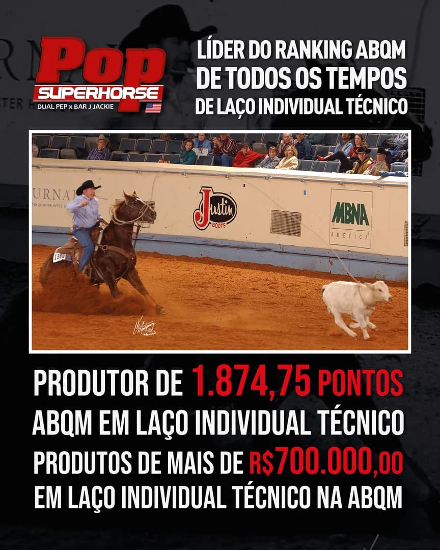 🏆 POP SUPER HORSE: o maior garanhão de Laço Individual Técnico da história!! 🐴🔥

🥇 Líder do Ranking ABQM de todos os tempos de Laço Individual Técnico.

🏆 Produtor de 1.874,75 pont