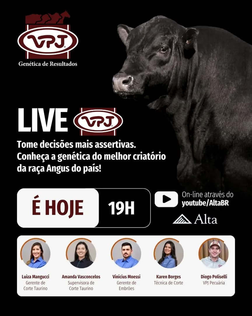 ▶️ Live VPJ Pecuária

Conheça a genética deste grande criatório e amplie seu conhecimento para tomar decisões mais assertivas na seleção do seu rebanho.

📅Hoje, 08 de outubro, quin