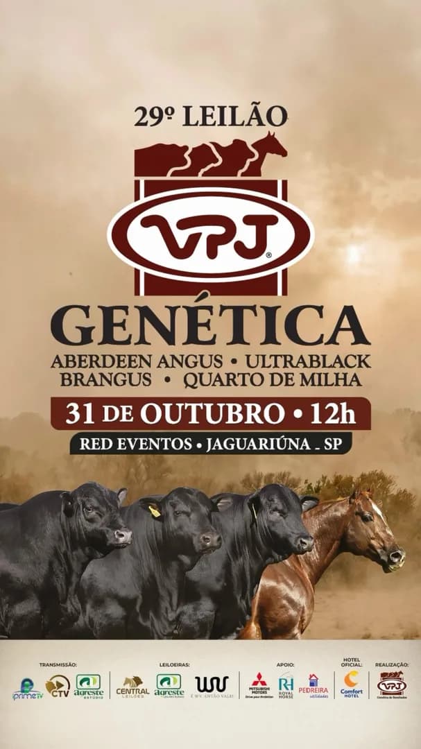 🚨 SAVE THE DATE! 🚨

🏆 29º LEILÃO VPJ GENÉTICA

🔥 Grande oportunidade de adquirir os melhores animais da seleção VPJ:

✅ Touros Aberdeen Angus, Brangus e Ultrablack para produção de