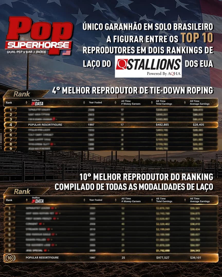 🏆 POP SUPER HORSE é o único garanhão em solo brasileiro a figurar entre os TOP 10 reprodutores em dois rankings de laço do QSTALLIONS de todos os tempos. 🇧🇷🐴

🌎 O fenômeno POP SUPE