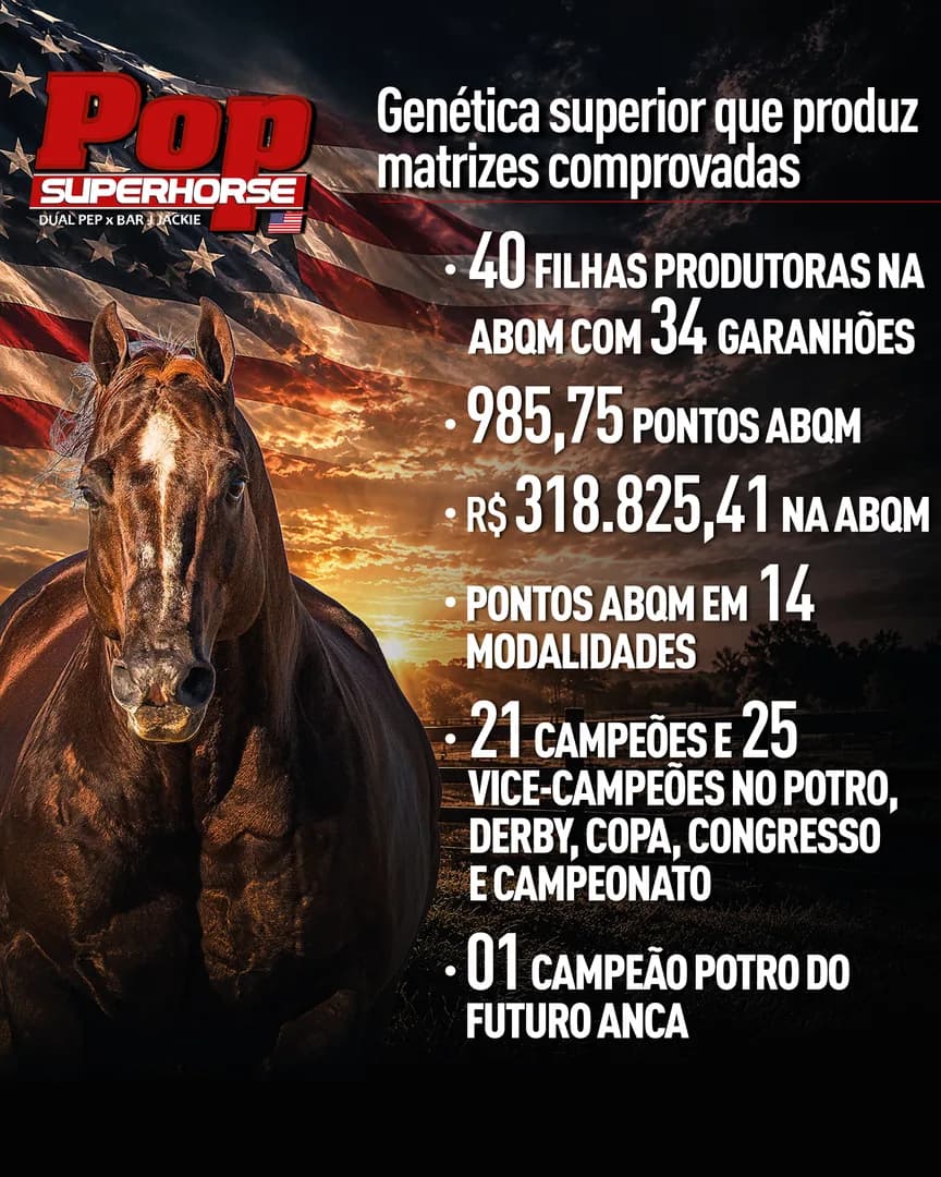 🏆 A genética superior que fez do POP SUPER HORSE um grande atleta e um reprodutor inigualável está produzindo matrizes de excelente performance na reprodução. 🐴🔥

🏇 São 40 éguas qu
