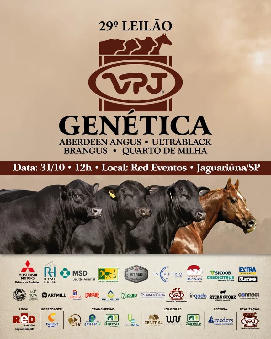 Anote na sua agenda e marque presença no 29° Leilão VPJ Genética!

📍 Dia 31 de Outubro, às 12h na Red Eventos em Jaguariúna.

🔥 Grande oportunidade de você adquirir os melhores ani